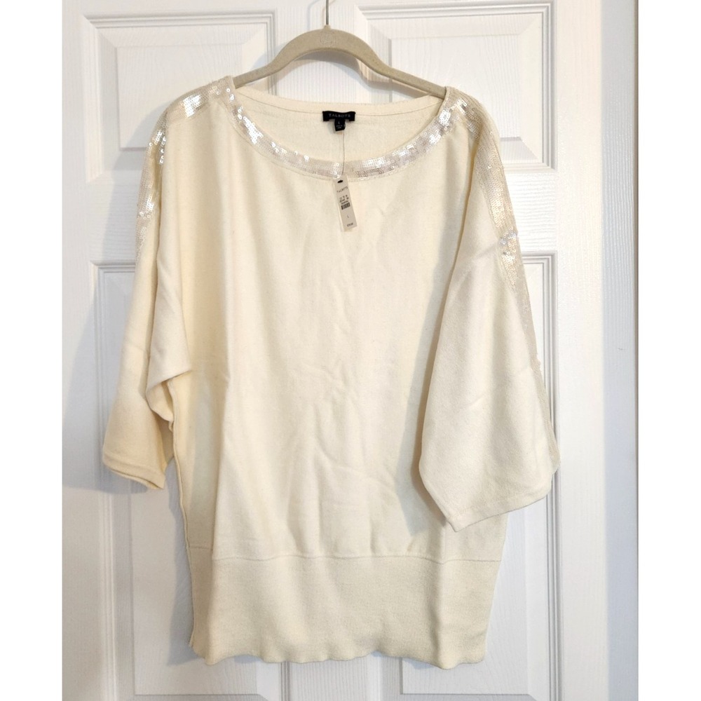 Talbots Sweater Womens Sz L Ivory Knit Dolman Pullover Tunic Sequin Trim NEW
